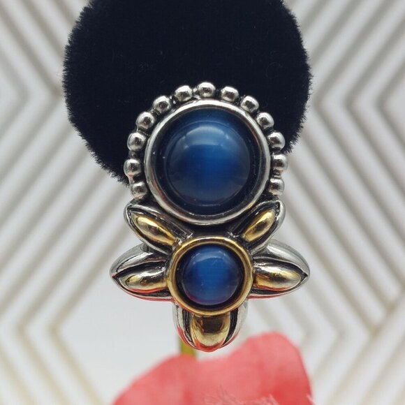 Michael Morrison Two Tone Silver & Gold Blue Glass Bead Floral Earrings Sign MX - Picture 8 of 11